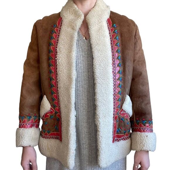 Vintage 70s Retro Shearling Handmade Folk Alfghan Polish Penny Lane Jacket Sz S - Picture 12 of 14